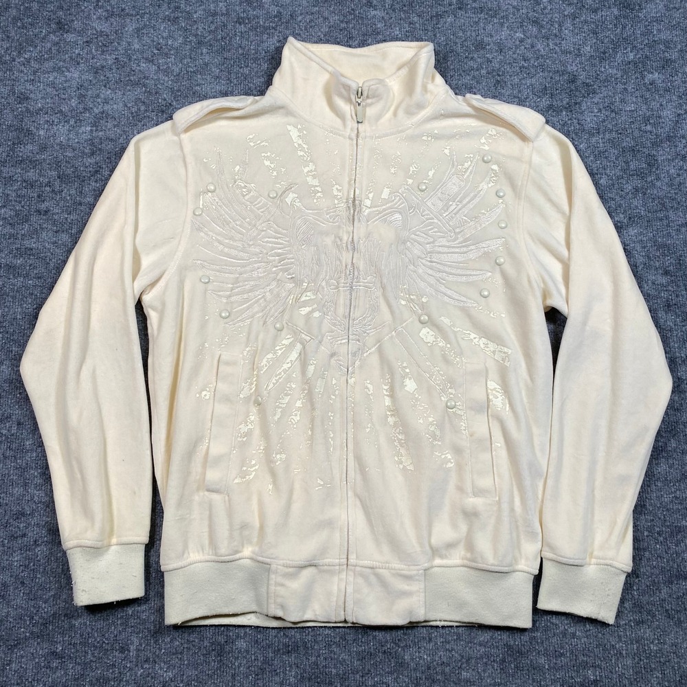 Clench Mens Velour Track Jacket‎ Cream Embroidered Eagle Studded Y2K XL RN96991